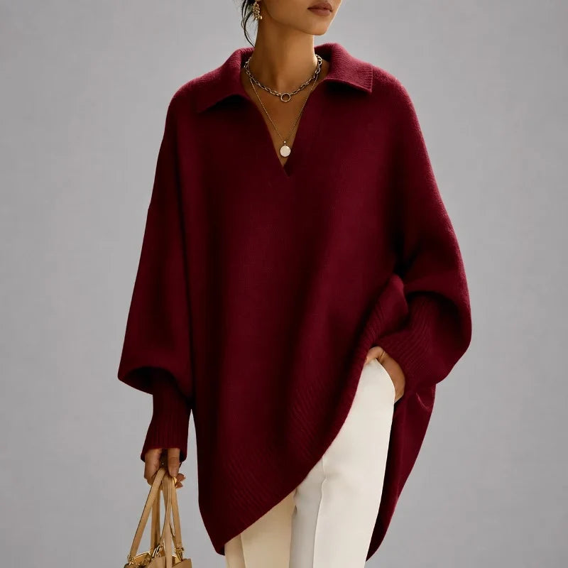Women's Oversized Collared V-Neck Poncho Sweater with Long Sleeves