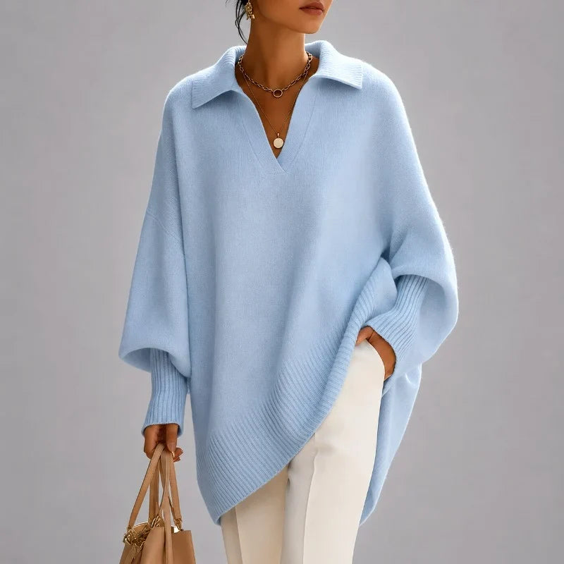 Women's Oversized Collared V-Neck Poncho Sweater with Long Sleeves
