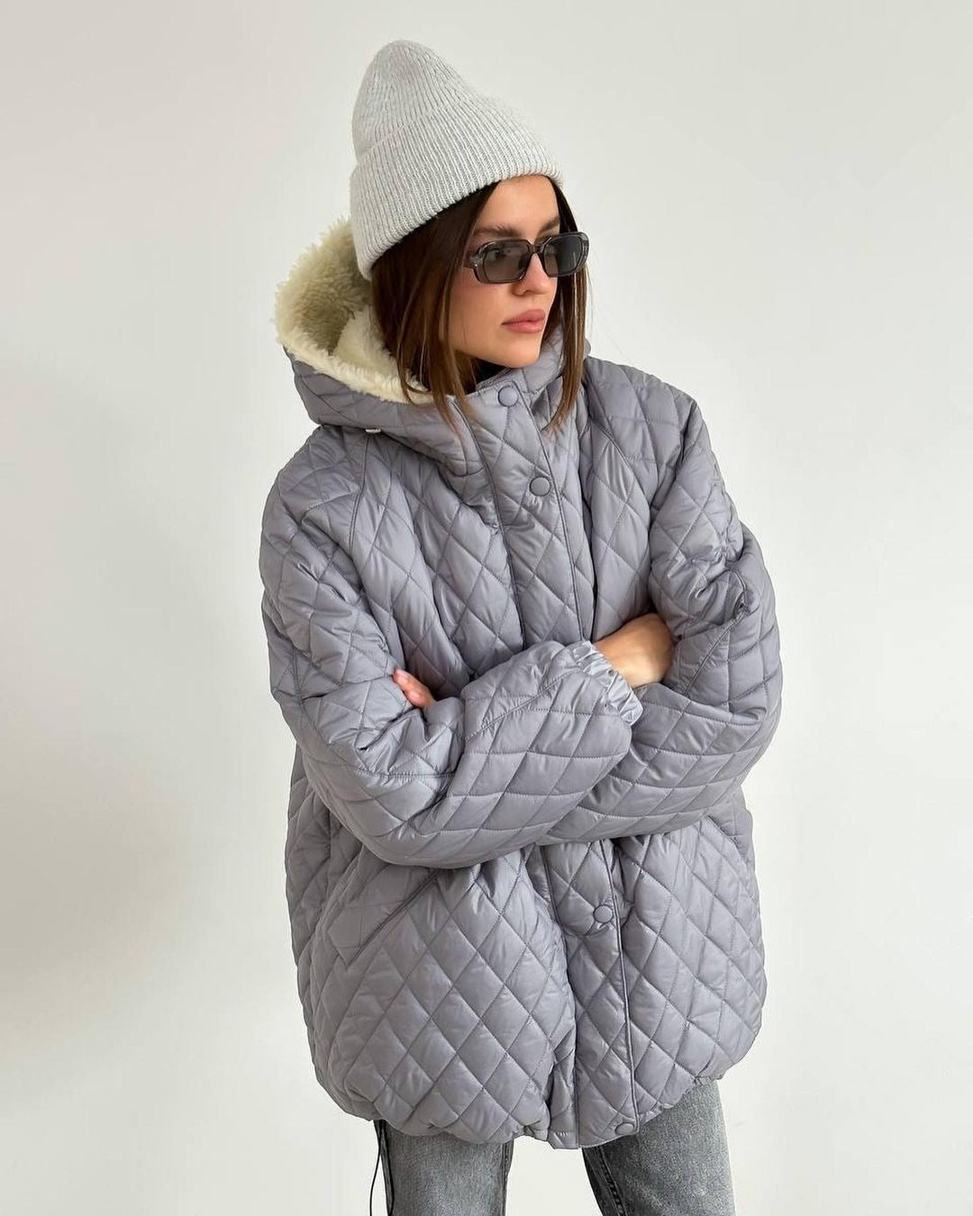 Women's Oversized Quilted Jacket with Teddy Lining and Hood