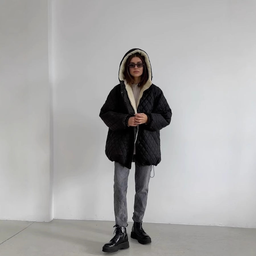 Women's Oversized Quilted Jacket with Teddy Lining and Hood