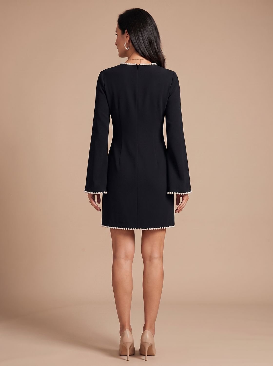 Women's Pearl-Trim Keyhole Long-Sleeve Mini Dress