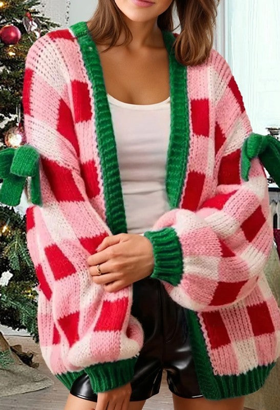 Women's Pink Checkered Christmas Cardigan – Open-Front Knit Sweater with Green Trim and Bow Details