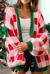 Women's Pink Checkered Christmas Cardigan – Open-Front Knit Sweater with Green Trim and Bow Details