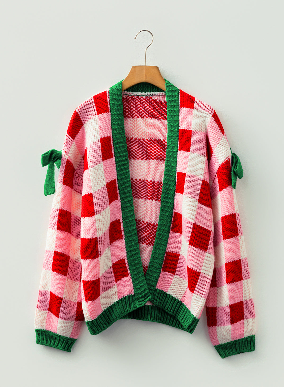 Women's Pink Checkered Christmas Cardigan – Open-Front Knit Sweater with Green Trim and Bow Details