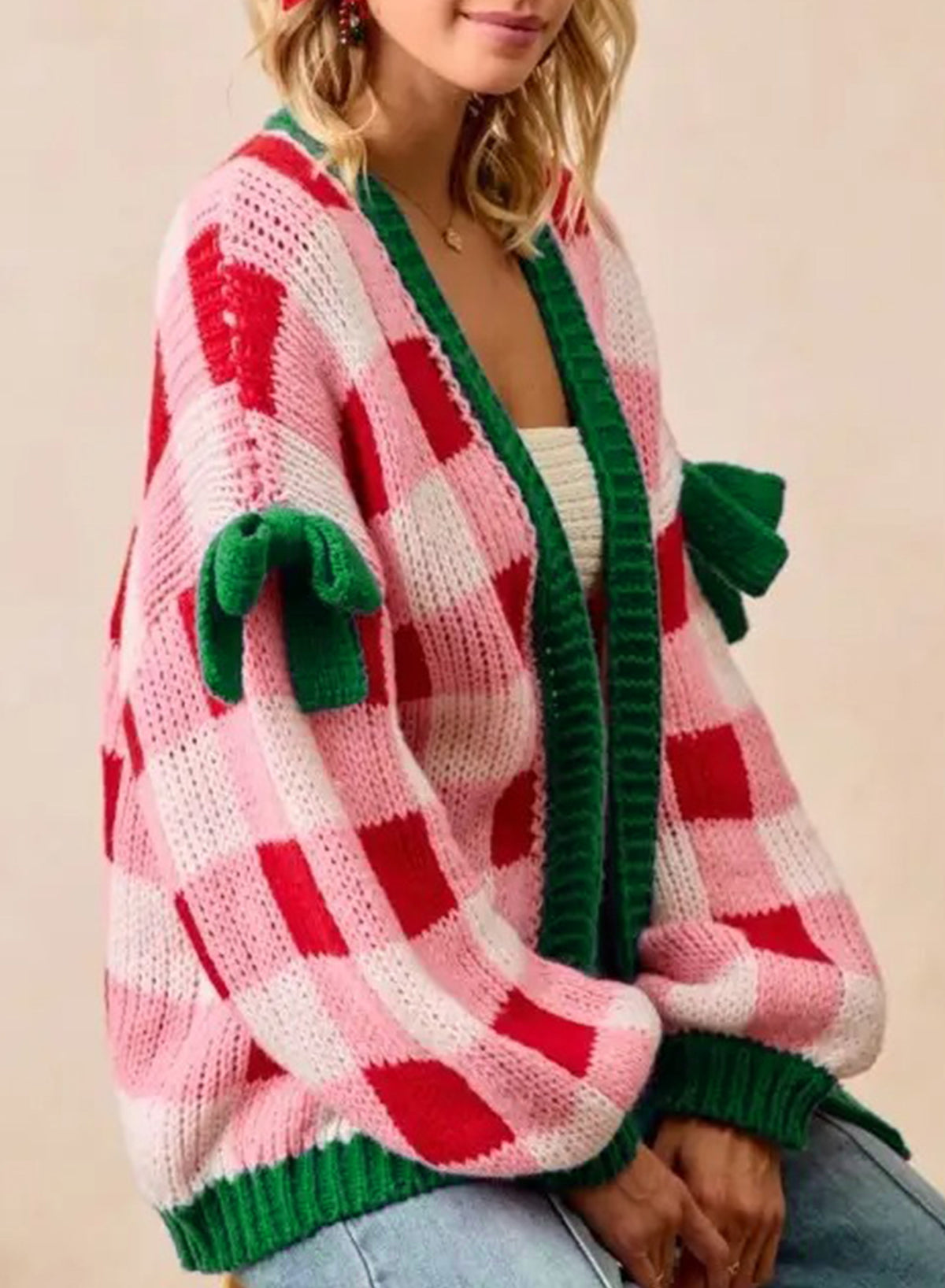 Women's Pink Checkered Christmas Cardigan – Open-Front Knit Sweater with Green Trim and Bow Details