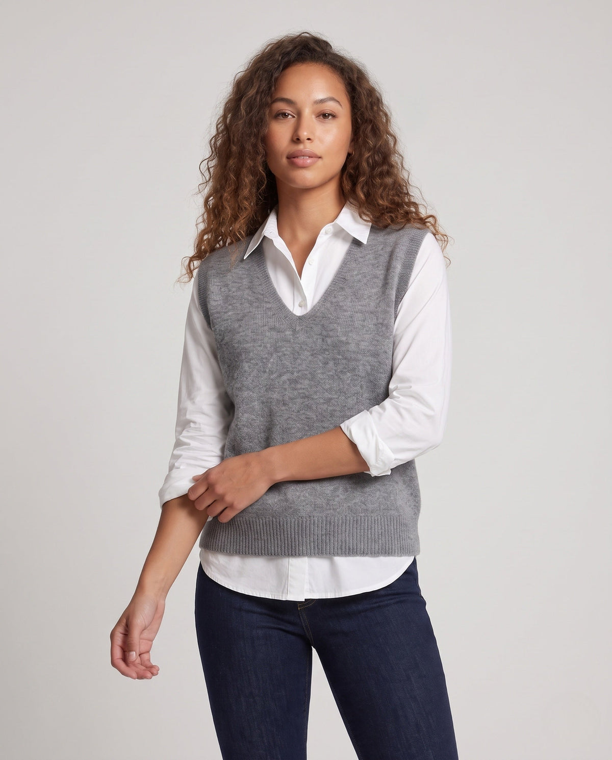 Women's Sleeveless Oversized Fine-Knit Vest with Deep V-Neck and Flecked Effect