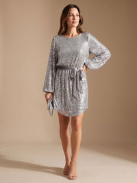 Women's Sparkly Sequin Balloon Sleeve Mini Christmas Party Dress with Belt