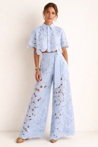 Women's Summer Blouse & Wide-Leg Pants Set with Pattern