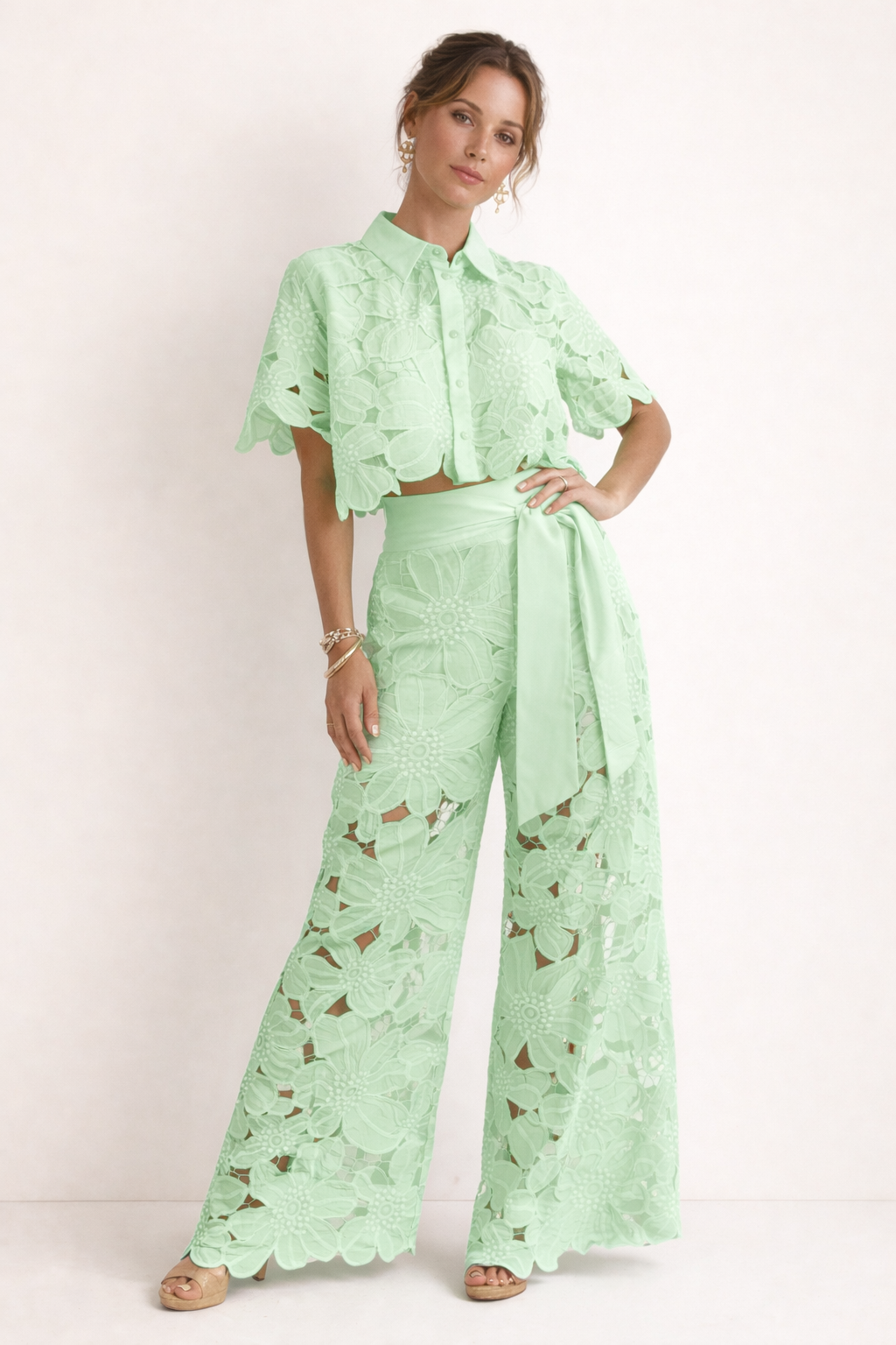 Women's Summer Blouse & Wide-Leg Pants Set with Pattern