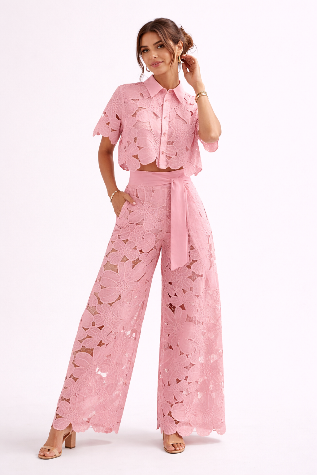 Women's Summer Blouse & Wide-Leg Pants Set with Pattern