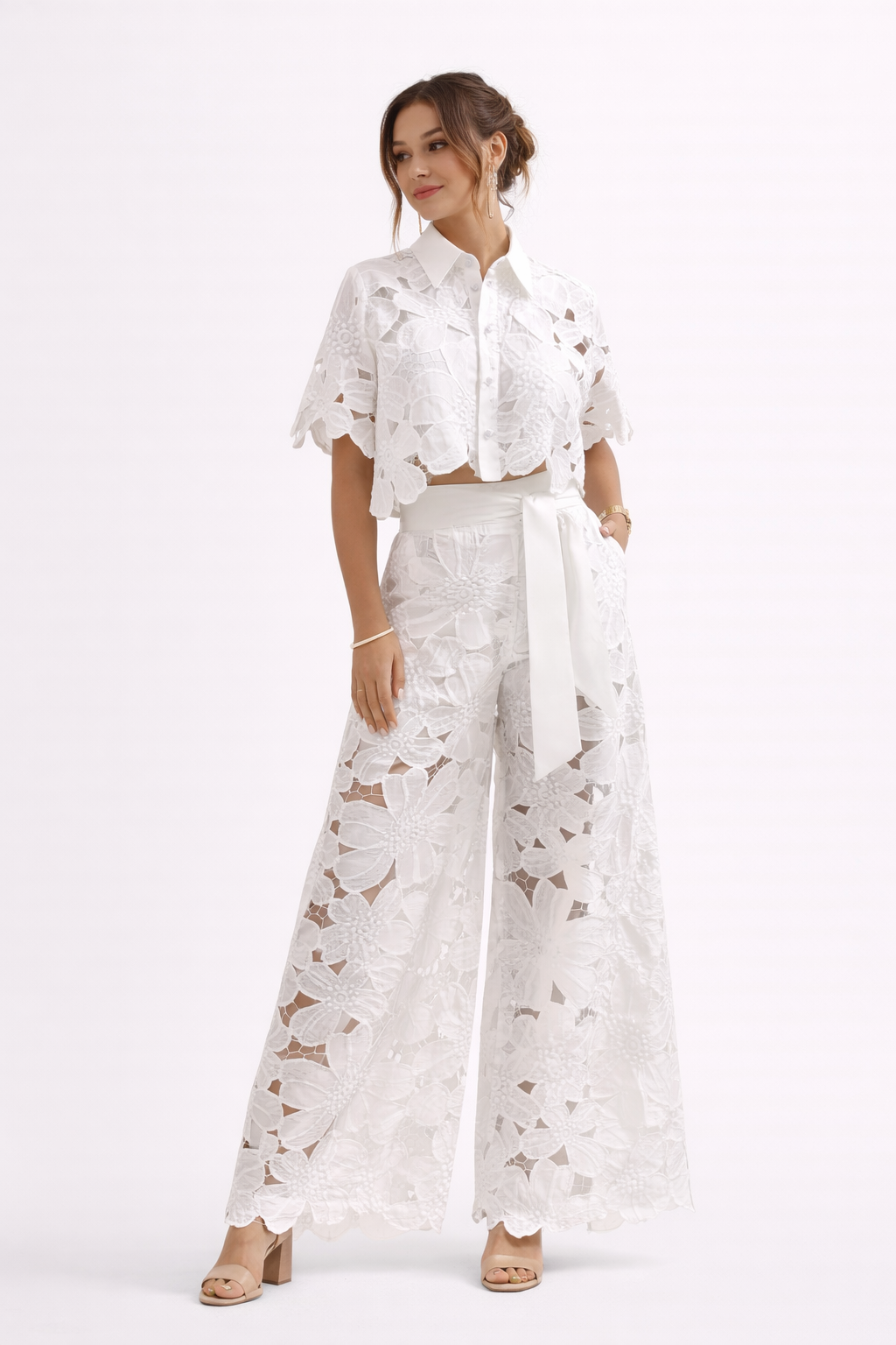 Women's Summer Blouse & Wide-Leg Pants Set with Pattern