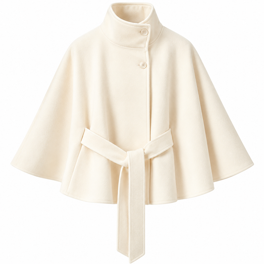 Women's Wool-Blend Cape Coat with High Collar, Tie Belt, and Button Closure for Autumn and Winter