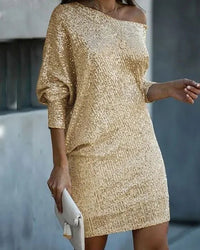 Cute Sequin Off Shoulder Long Sleeve Bodycon Mini Dress
