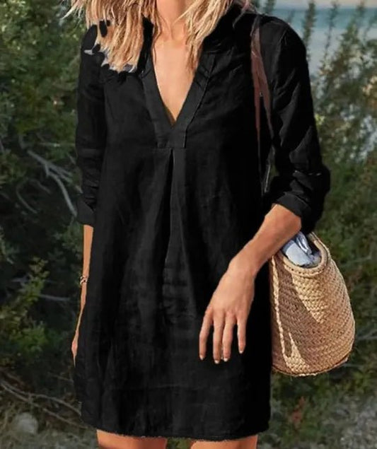 Image of Women's Long Sleeve V-Neck Mini Shirt Dress