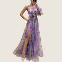 Elegant Floral Chiffon One Shoulder Maxi Dress