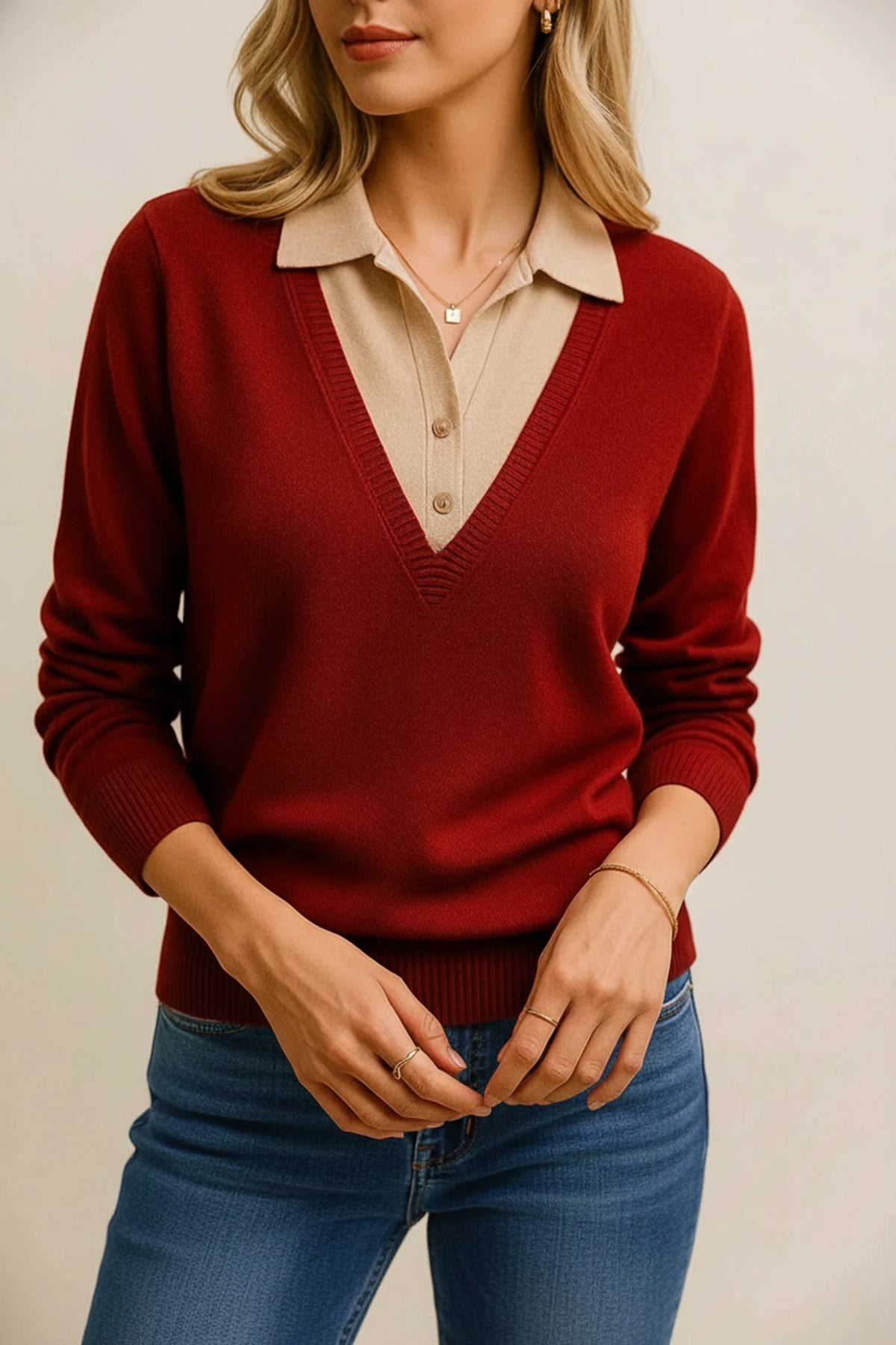 Women's V-Neck Collared Sweater