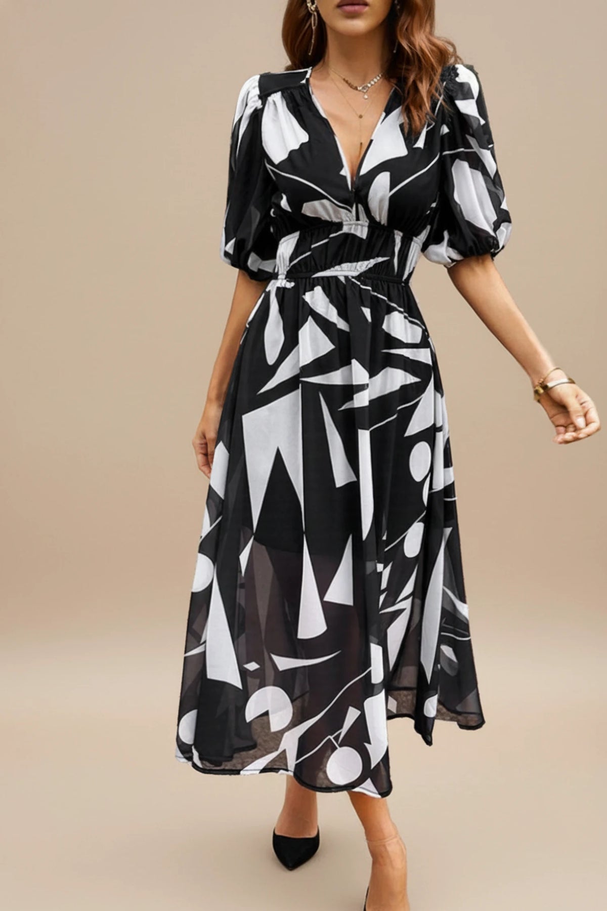 Elegant Floral Puff Sleeve A Line Midi Dress