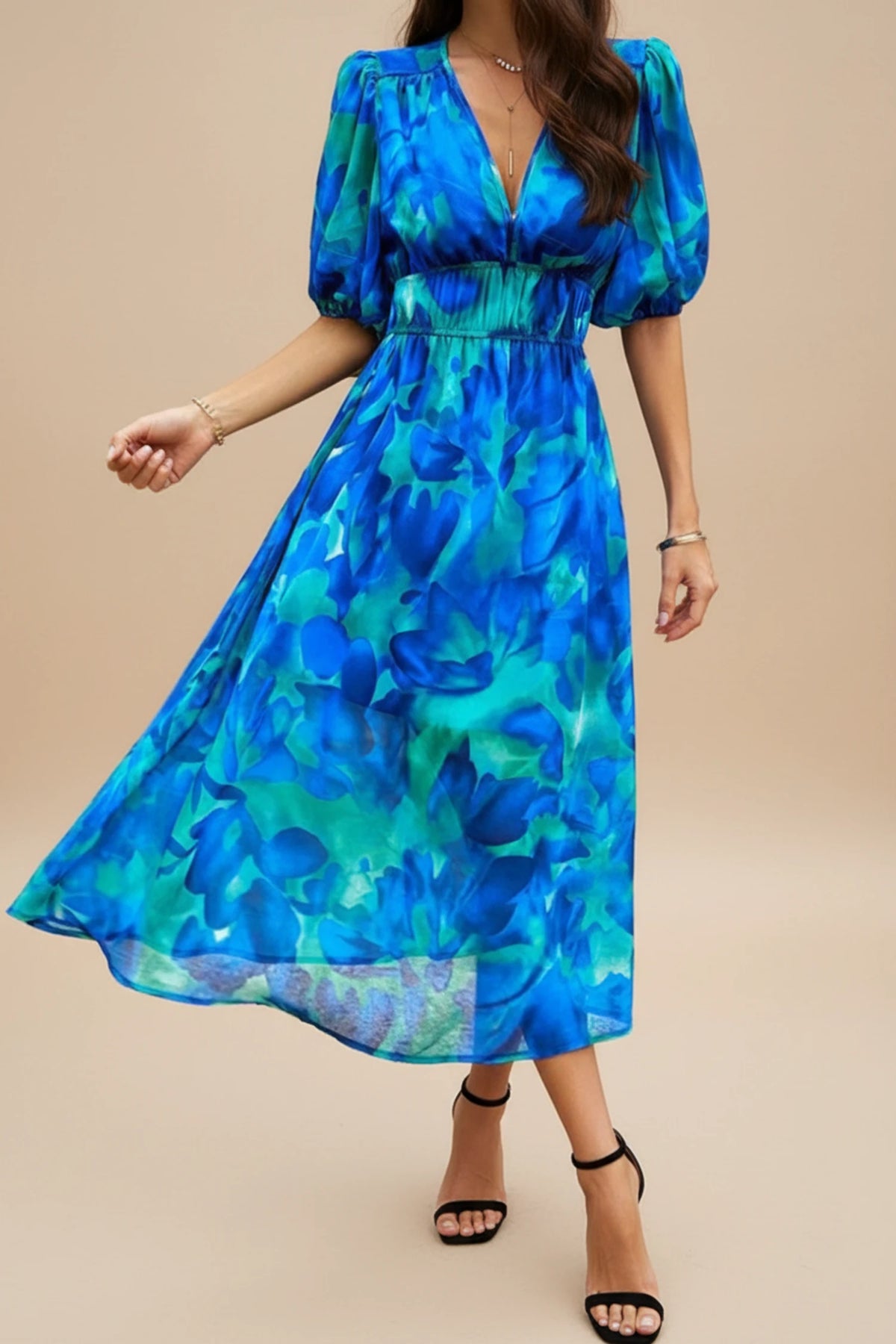 Elegant Floral Puff Sleeve A Line Midi Dress