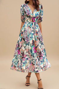 Elegant Floral Puff Sleeve A Line Midi Dress