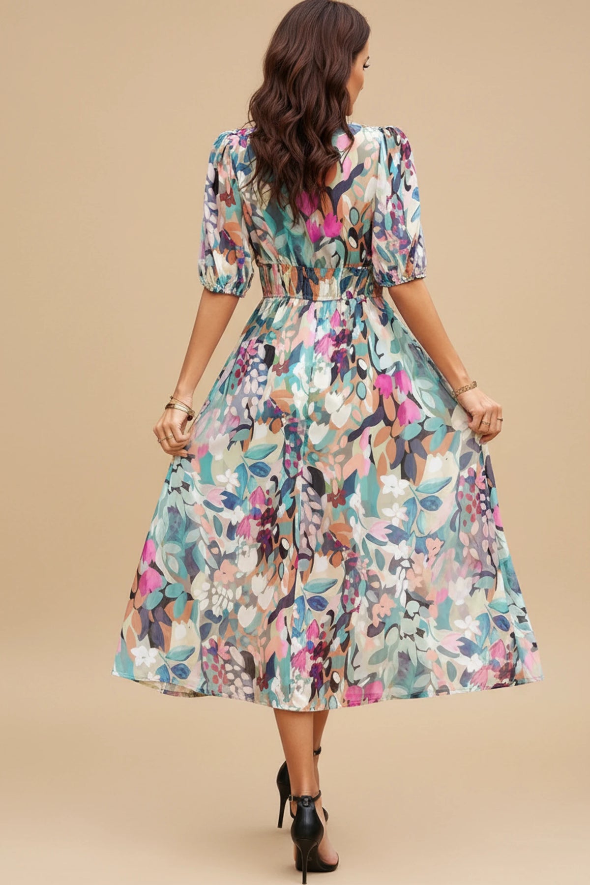 Elegant Floral Puff Sleeve A Line Midi Dress