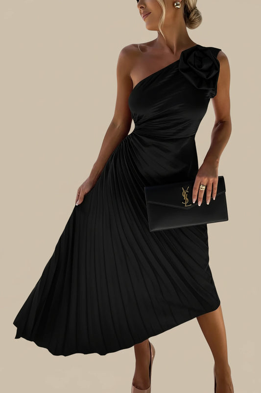 Elegant One Shoulder Pleated Satin Midi Dress