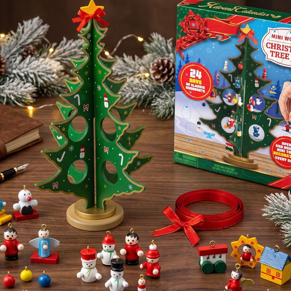 Wooden Tabletop Christmas Tree Advent Calendar with 24 Mini Ornaments for Kids